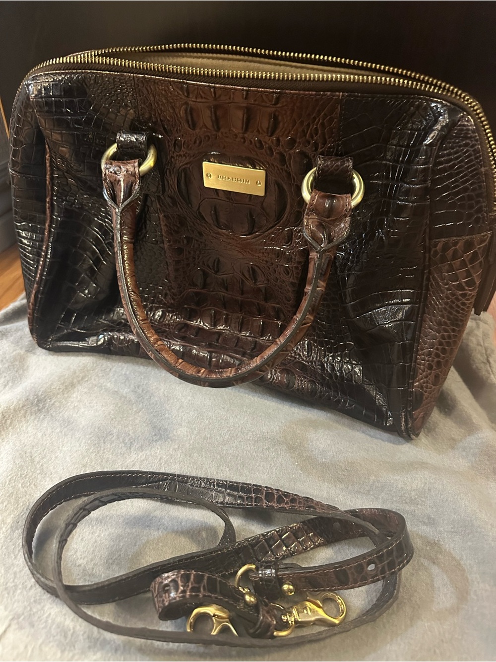 Brahmin Dark Brown Croc-Embossed Satchel with Gold Hardware